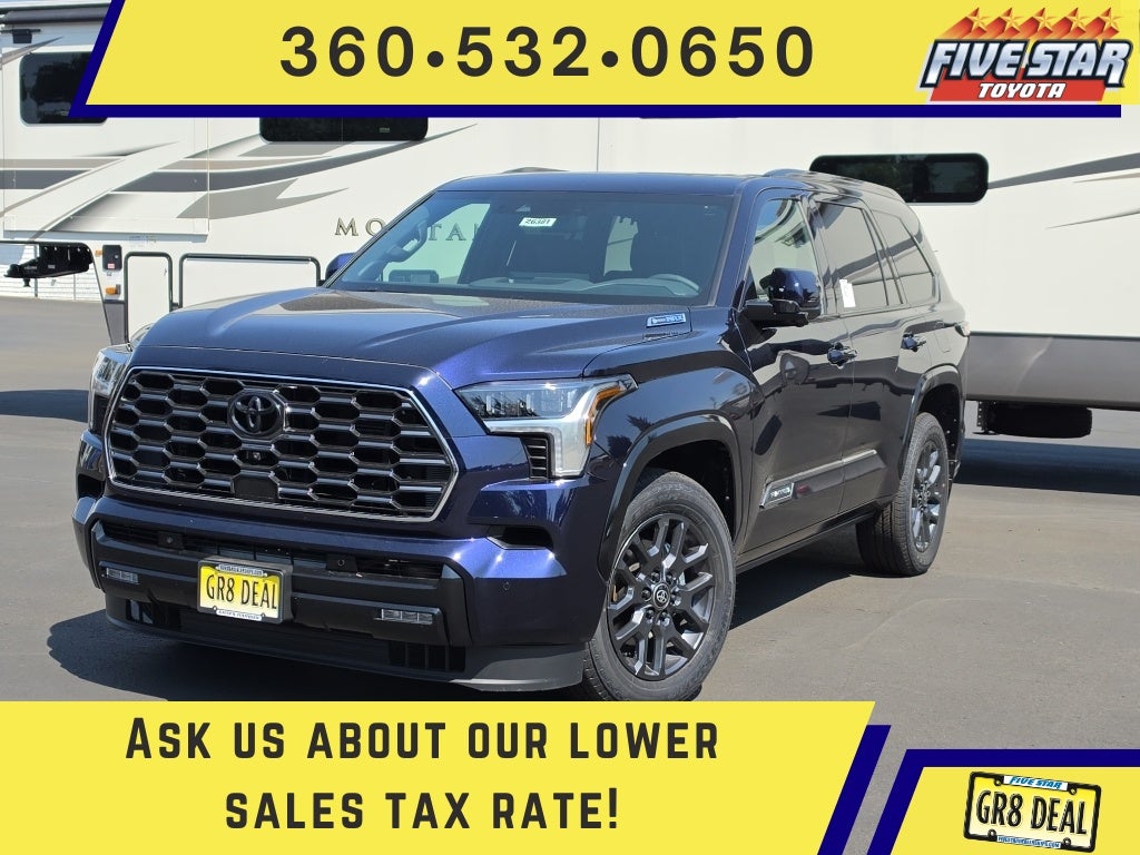 2026 Toyota Sequoia Platinum in Blueprint — front three-quarter view