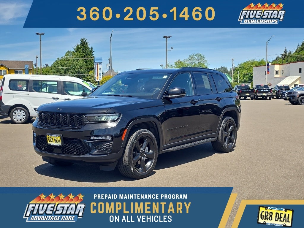 2024 Jeep Grand Cherokee Limited in Diamond Black Crystal Pearl — front three-quarter view