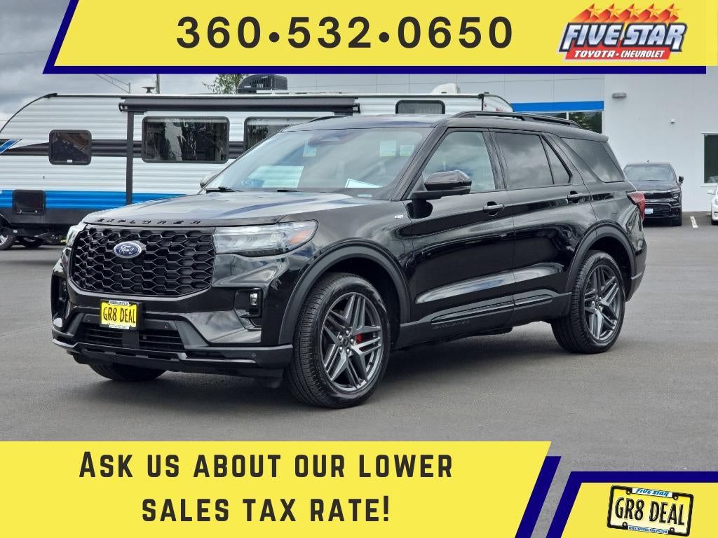 2025 Ford Explorer ST-Line in Agate Black Metallic — front three-quarter view