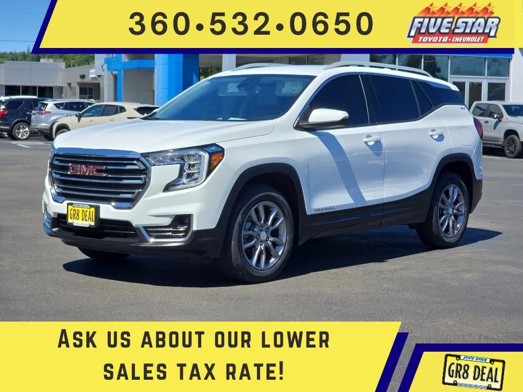 2023 GMC Terrain SLT in Summit White — front three-quarter view